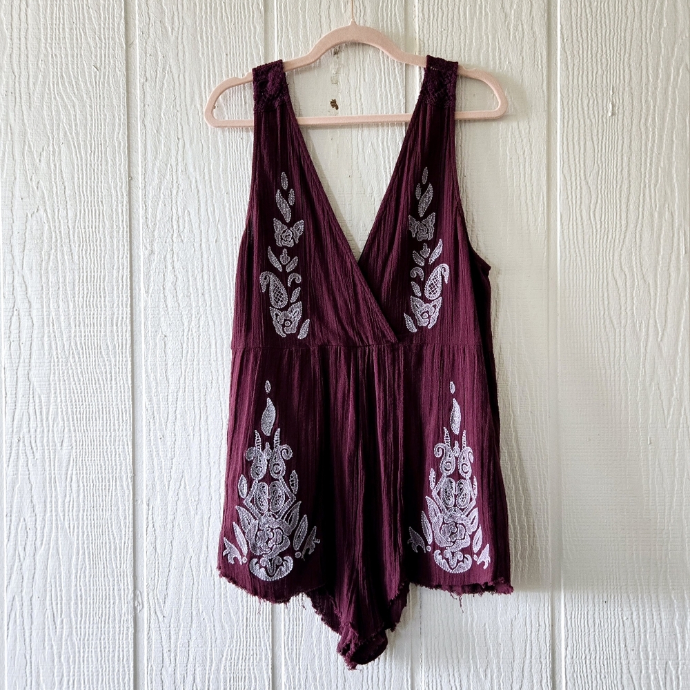 Free People Burgundy Embroidered V-Neck Romper